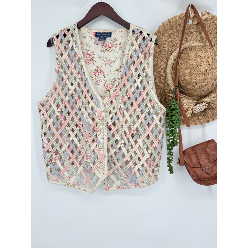Willow Ridge Vintage Floral Lattice Cotton Vest XL 90s Y2K Pastel Cottagecore